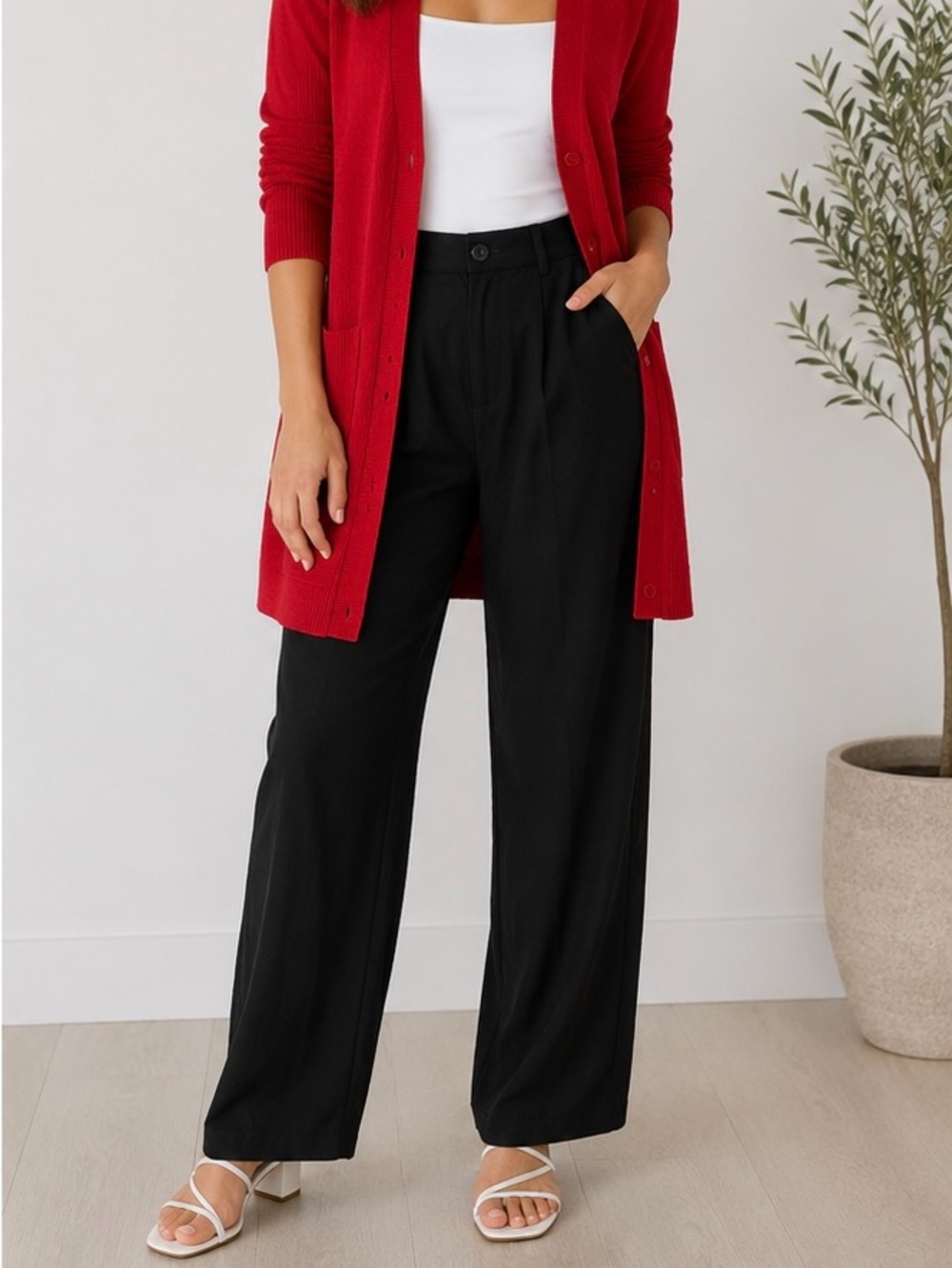 H&M Black Linen Blend High Rise Trousers Pants Size 8 Lightweight Work Wear